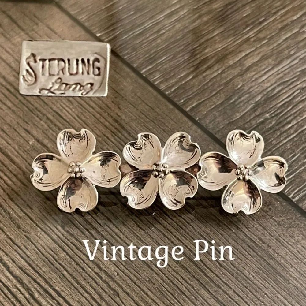 Vintage LANG Triple Blossom Dogwood Flower Pin/Brooch Sterling Silver